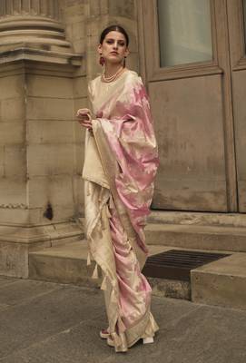 Baby Pink Satin Woven Saree With Unstitched Blouse Piece 2