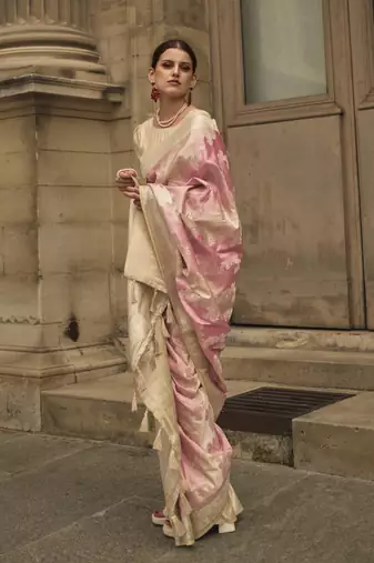 Baby Pink Satin Woven Saree With Unstitched Blouse Piece
