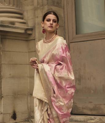 Baby Pink Satin Woven Saree With Unstitched Blouse Piece 3