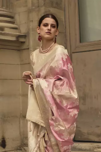Baby Pink Satin Woven Saree With Unstitched Blouse Piece