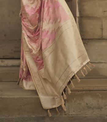 Baby Pink Satin Woven Saree With Unstitched Blouse Piece 4