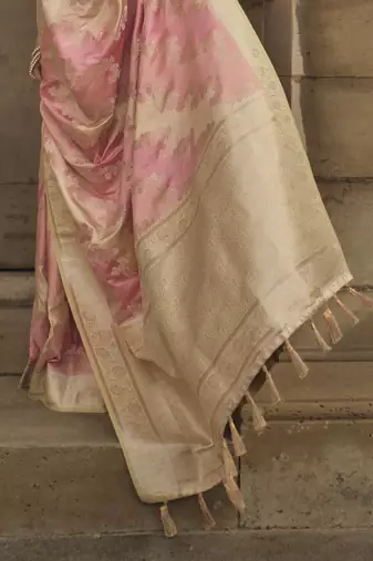 Baby Pink Satin Woven Saree With Unstitched Blouse Piece