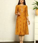 Orange 3/4th sleeves cotton silk bandini regular fit calf length kurta