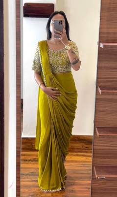 olive chinon silk embroidered ready-to-wear saree with blouse 1