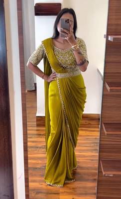 olive chinon silk embroidered ready-to-wear saree with blouse 2