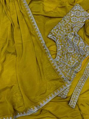 olive chinon silk embroidered ready-to-wear saree with blouse 3