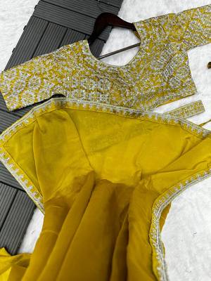 olive chinon silk embroidered ready-to-wear saree with blouse 4