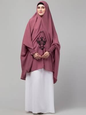 Janab E Aala One-Piece Jilbab with Naqab Full Sleeve Knee-Length Nida Fabric Plum Color 1