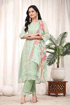 Women's Light Green Organza Embroidery Printed Salwar Suit Set 1