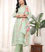 Trendmalls Women's Light Green Organza Embroidery Printed Salwar Suit Set