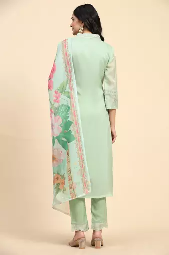 Trendmalls Women's Light Green Organza Embroidery Printed Salwar Suit Set