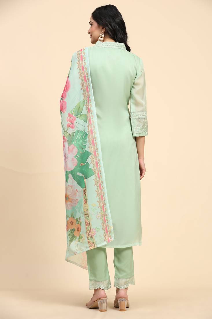 Women's Light Green Organza Embroidery Printed Salwar Suit Set