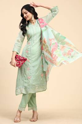 Women's Light Green Organza Embroidery Printed Salwar Suit Set 4