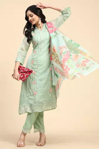 Trendmalls Women's Light Green Organza Embroidery Printed Salwar Suit Set