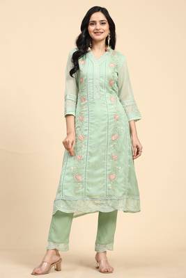 Women's Light Green Organza Embroidery Printed Salwar Suit Set 5