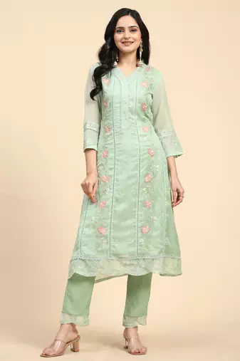 Trendmalls Women's Light Green Organza Embroidery Printed Salwar Suit Set