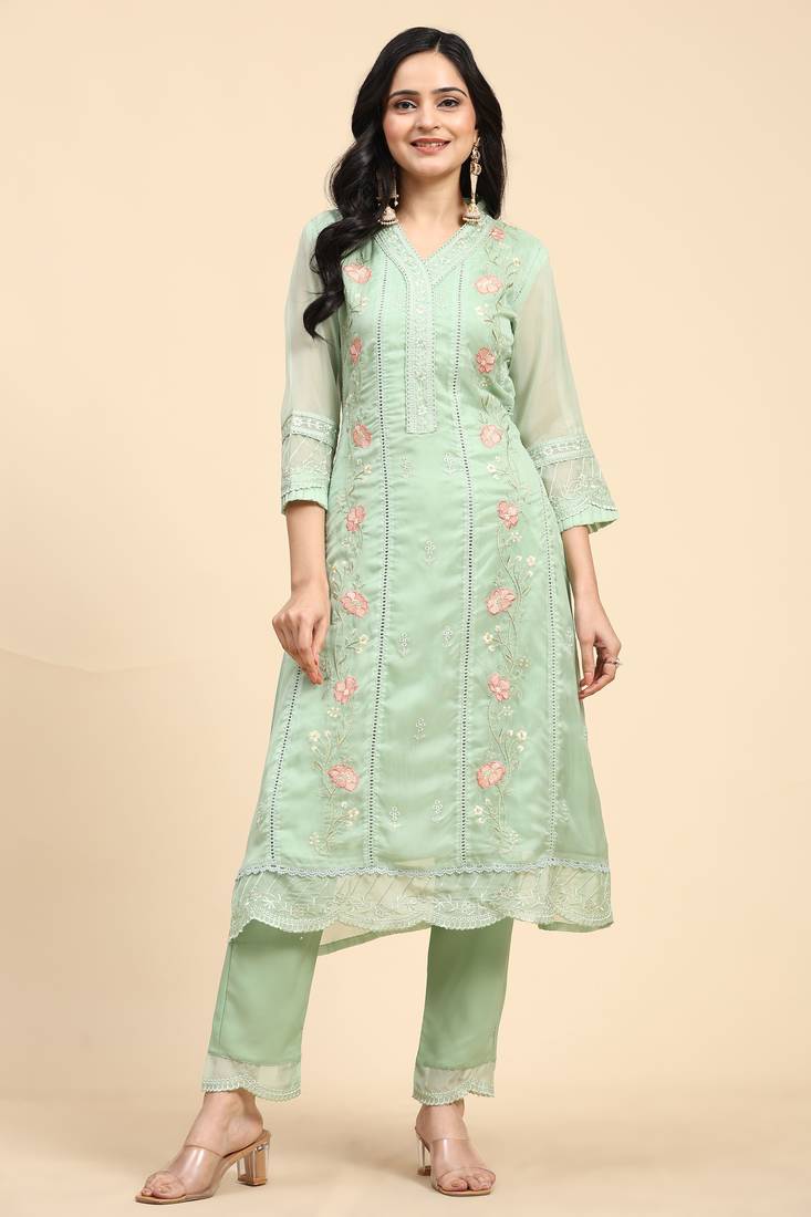 Women's Light Green Organza Embroidery Printed Salwar Suit Set