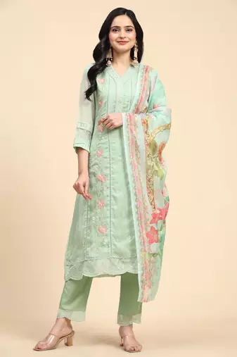Trendmalls Women's Light Green Organza Embroidery Printed Salwar Suit Set