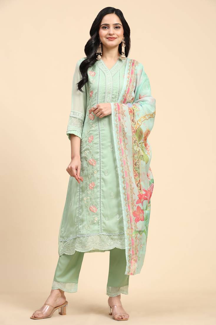 Women's Light Green Organza Embroidery Printed Salwar Suit Set