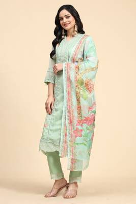 Women's Light Green Organza Embroidery Printed Salwar Suit Set 7