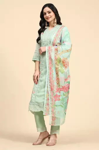 Trendmalls Women's Light Green Organza Embroidery Printed Salwar Suit Set