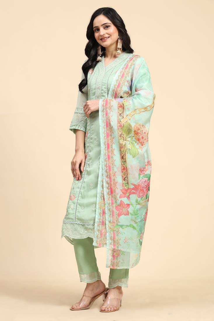 Women's Light Green Organza Embroidery Printed Salwar Suit Set