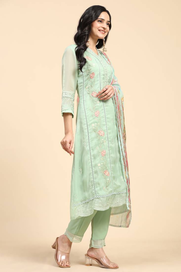 Women's Light Green Organza Embroidery Printed Salwar Suit Set