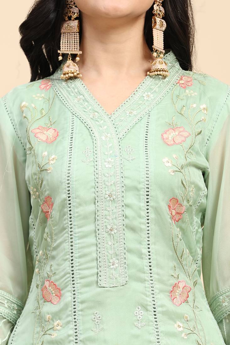 Women's Light Green Organza Embroidery Printed Salwar Suit Set
