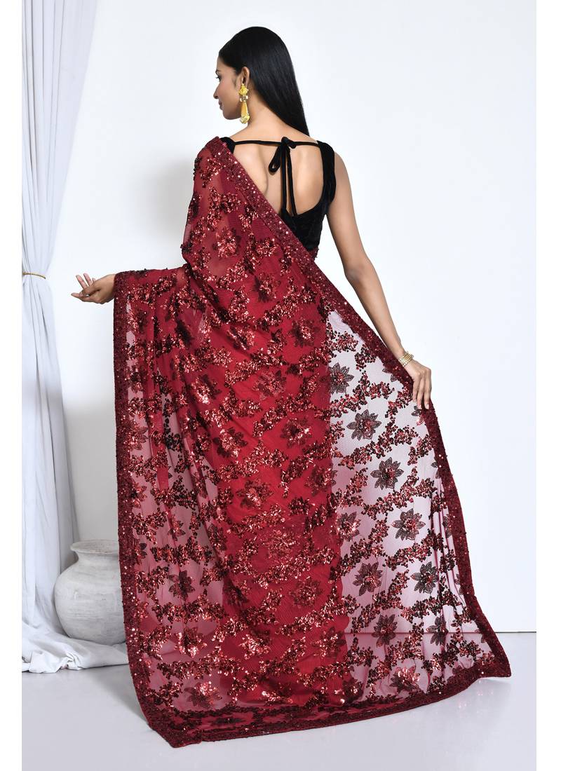 Burgundy Embroidered Silk Blend Saree With Unstitched Blouse Piece