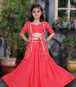 Adorable Rani-Pink Heavy Silk Kid's Lehenga Choli Set with Vibrant Rayon Patola Print Shrug