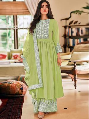 Green georgette sequins work semi-stitched pakistani trouser suit 1