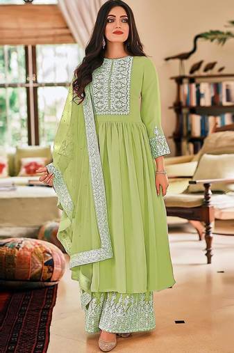 Green georgette sequins work semi-stitched pakistani trouser suit