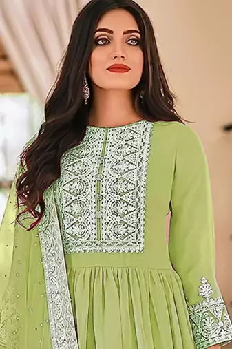 Green georgette sequins work semi-stitched pakistani trouser suit