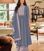 Grey georgette sequins work semi-stitched pakistani trouser suit