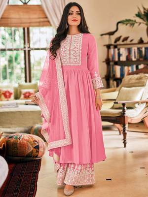Pink georgette sequins work semi-stitched pakistani trouser suit 1