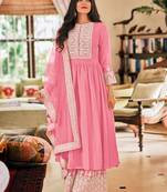 Pink georgette sequins work semi-stitched pakistani trouser suit