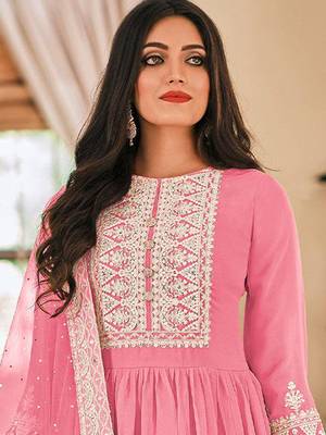 Pink georgette sequins work semi-stitched pakistani trouser suit 2