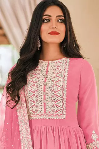 Pink georgette sequins work semi-stitched pakistani trouser suit