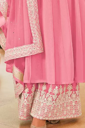 Pink georgette sequins work semi-stitched pakistani trouser suit