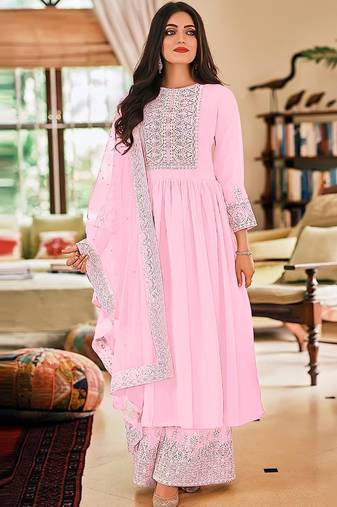 Baby pink georgette sequins work semi-stitched pakistani trouser suit