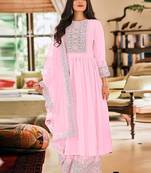 Baby pink georgette sequins work semi-stitched pakistani trouser suit