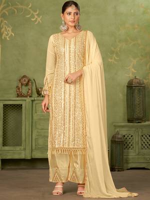 Beige georgette sequins work semi-stitched pakistani trouser suit 1