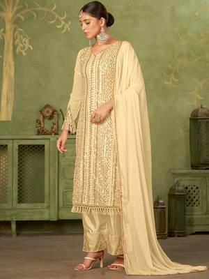 Beige georgette sequins work semi-stitched pakistani trouser suit 4