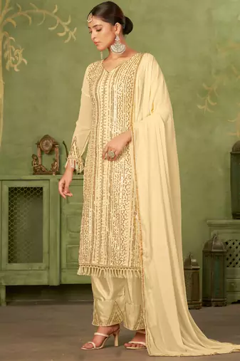 Beige georgette sequins work semi-stitched pakistani trouser suit