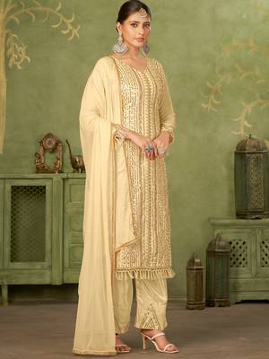 Beige georgette sequins work semi-stitched pakistani trouser suit 5