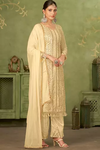 Beige georgette sequins work semi-stitched pakistani trouser suit