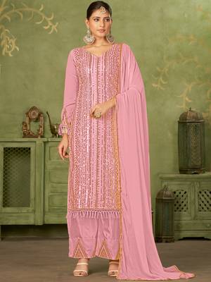 Pink georgette sequins work semi-stitched pakistani trouser suit 1