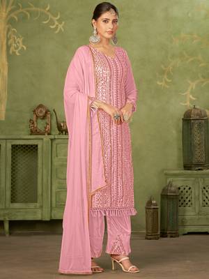Pink georgette sequins work semi-stitched pakistani trouser suit 3