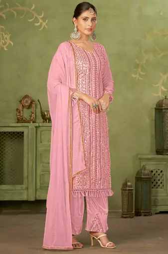 Pink georgette sequins work semi-stitched pakistani trouser suit