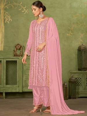 Pink georgette sequins work semi-stitched pakistani trouser suit 4